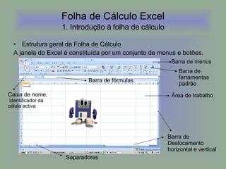 Estrutura geral da Folha de Cálculo A janela do Excel é constituída por um conjunto de menus e botões. Folha de Cálculo Excel   1. Introdução à folha de cálculo   Barra de menus Barra de  ferramentas  padrão Área de trabalho Barra de  Deslocamento horizontal e vertical Separadores Caixa de nome , identificador da  célula activa Barra de fórmulas 