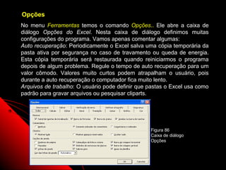 Opções
No menu Ferramentas temos o comando Opções.. Ele abre a caixa de
diálogo Opções do Excel. Nesta caixa de diálogo definimos muitas
configurações do programa. Vamos apenas comentar algumas:
Auto recuperação: Periodicamente o Excel salva uma cópia temporária da
pasta ativa por segurança no caso de travamento ou queda de energia.
Esta cópia temporária será restaurada quando reiniciarmos o programa
depois de algum problema. Regule o tempo de auto recuperação para um
valor cômodo. Valores muito curtos podem atrapalham o usuário, pois
durante a auto recuperação o computador fica muito lento.
Arquivos de trabalho: O usuário pode definir que pastas o Excel usa como
padrão para gravar arquivos ou pesquisar cliparts.




                                                 Figura 86
                                                 Caixa de diálogo
                                                 Opções



                                                       140
 