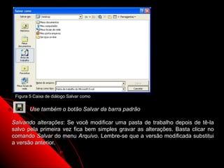 Figura 5 Caixa de diálogo Salvar como


        Use também o botão Salvar da barra padrão

Salvando alterações: Se você modificar uma pasta de trabalho depois de tê-la
salvo pela primeira vez fica bem simples gravar as alterações. Basta clicar no
comando Salvar do menu Arquivo. Lembre-se que a versão modificada substitui
a versão anterior.

                                                          18
 