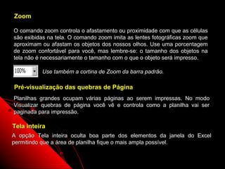 Zoom

O comando zoom controla o afastamento ou proximidade com que as células
são exibidas na tela. O comando zoom imita as lentes fotográficas zoom que
aproximam ou afastam os objetos dos nossos olhos. Use uma porcentagem
de zoom confortável para você, mas lembre-se: o tamanho dos objetos na
tela não é necessariamente o tamanho com o que o objeto será impresso.

          Use também a cortina de Zoom da barra padrão.

Pré-visualização das quebras de Página
Planilhas grandes ocupam várias páginas ao serem impressas. No modo
Visualizar quebras de página você vê e controla como a planilha vai ser
paginada para impressão.

Tela inteira
A opção Tela inteira oculta boa parte dos elementos da janela do Excel
permitindo que a área de planilha fique o mais ampla possível.

                                                         23
 