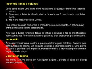 Inserindo linhas e colunas
Você pode inserir uma linha nova na planilha a qualquer momento fazendo
   assim:
1. Selecione a linha localizada abaixo de onde você quer inserir uma linha
   nova.
2. No menu Inserir escolha Linhas.

Para inserir colunas adicionais o procedimento é semelhante. A coluna nova
entra a direita da coluna selecionada.

Note que o Excel renomeia todas as linhas e colunas e faz as modificações
necessárias nas fórmulas da planilha para não criar problemas para o usuário.
Impressão
Antes de imprimir uma planilha é preciso definir alguns detalhes. Comece pela
configuração de página. Em seguida visualize a impressão para ter uma prévia
de como a planilha será impressa. Por último defina a impressão propriamente.
Vejamos cada etapa:
Configurar página
No menu Arquivo clique em Configurar página... Surgirá a caixa de diálogo
correspondente.
                                                      28
 