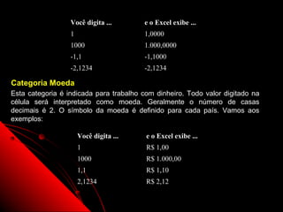 Você digita ...          e o Excel exibe ...
                  1                        1,0000
                  1000                     1.000,0000
                  -1,1                     -1,1000
                  -2,1234                  -2,1234

Categoria Moeda
Esta categoria é indicada    para trabalho com dinheiro. Todo valor digitado na
célula será interpretado     como moeda. Geralmente o número de casas
decimais é 2. O símbolo      da moeda é definido para cada país. Vamos aos
exemplos:

                      Você digita ...       e o Excel exibe ...
                      1                     R$ 1,00
                      1000                  R$ 1.000,00
                      1,1                   R$ 1,10
                      2,1234                R$ 2,12

                                                                  37
 