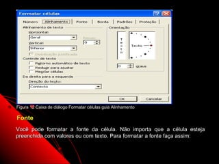 Figura 12 Caixa de diálogo Formatar células guia Alinhamento

Fonte
Você pode formatar a fonte da célula. Não importa que a célula esteja
preenchida com valores ou com texto. Para formatar a fonte faça assim:


                                                               41
 