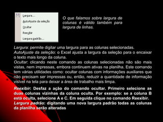 O que falamos sobre largura de
                          colunas é válido também para
                          largura de linhas.



Largura: permite digitar uma largura para as colunas selecionadas.
AutoAjuste da seleção: o Excel ajusta a largura da seleção para o encaixar
o texto mais longo da coluna.
Ocultar: clicando neste comando as colunas selecionadas não são mais
vistas, nem impressas, embora continuem ativas na planilha. Este comando
tem várias utilidades como: ocultar colunas com informações auxiliares que
não precisam ser impressas ou, então, reduzir a quantidade de informação
visível na tela para deixar a área de trabalho mais limpa.
Reexibir: Desfaz a ação do comando ocultar. Primeiro selecione as
duas colunas vizinhas da coluna oculta. Por exemplo: se a coluna B
está oculta, selecione A e C. Em seguida clique no comando Reexibir.
Largura padrão: digitando uma nova largura padrão todas as colunas
da planilha serão alteradas
                                                        46
 