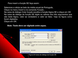Para inserir a função SE faça assim:

Selecione a célula ao lado da média anual de Português.
Clique no menu Inserir e no comando Função...
Na caixa de diálogo Colar função escolha a função lógica SE e clique em OK.
Na caixa de diálogo da função SE digite os valores dos três argumentos que
são teste lógico, valor se verdadeiro e valor se falso. Veja na figura como
foram digitados.
Clique em OK.

   Note: Texto deve ser digitado entre aspas.




                           Figura 20 Caixa de diálogo da função SE 63
 