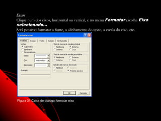 Eixos
Clique num dos eixos, horizontal ou vertical, e no menu Formatar escolha Eixo
selecionado...
Será possível formatar a fonte, o alinhamento do texto, a escala do eixo, etc.




Figura 31 Caixa de diálogo formatar eixo



                                                           78
 