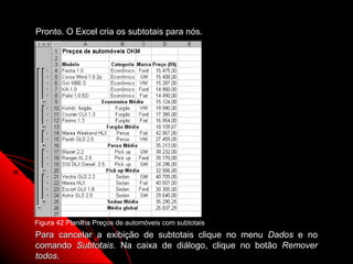 Pronto. O Excel cria os subtotais para nós.




Figura 42 Planilha Preços de automóveis com subtotais
Para cancelar a exibição de subtotais clique no menu Dados e no
comando Subtotais. Na caixa de diálogo, clique no botão Remover
                                                   91
todos.
 