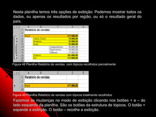 Nesta planilha temos três opções de exibição: Podemos mostrar todos os
dados, ou apenas os resultados por região, ou só o resultado geral do
país.




Figura 48 Planilha Relatório de vendas com tópicos recolhidos parcialmente




Figura 49 Planilha Relatório de vendas com tópicos totalmente recolhidos
Fazemos as mudanças no modo de exibição clicando nos botões + e – do
lado esquerdo da planilha. São os botões da estrutura de tópicos. O botão +
expande a exibição. O botão – recolhe a exibição.        96
 