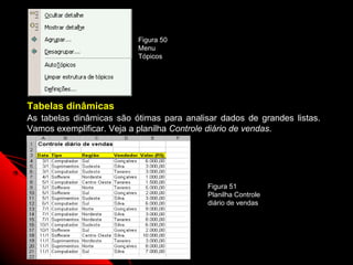 Figura 50
                          Menu
                          Tópicos




Tabelas dinâmicas
As tabelas dinâmicas são ótimas para analisar dados de grandes listas.
Vamos exemplificar. Veja a planilha Controle diário de vendas.




                                           Figura 51
                                           Planilha Controle
                                           diário de vendas




                                                          98
 