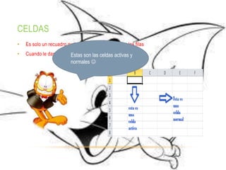 CELDAS
•   Es solo un recuadro que conforma las columnas y las filas
•   Cuando le das click a una celda se le llama activas y
                          Estas son las celdas celda activa
                         normales 
 