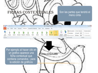 FICHAS CONTEXTUALES                                 Son las partes que tendrá el
                                                             menú cinta




Por ejemplo al hacer clik en
  un grafico aparece una       Fichas contextuales
    ficha contextual que
 contiene comandos ; para
   la edición de gráficos
 
