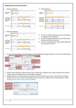 Working with Formulas and Functions:

1. Relative reference                                         3. Mixed reference




2. Absolute reference

                                                              4. To enter a relative reference, type the cell reference
                                                                 as it appears in the worksheet.
                                                              5. To enter an absolute reference, type $ before both
                                                                 the row and column references.
                                                              6. To enter a mixed reference, type $ before either the
                                                                 row or column reference.




7. To insert a function from a specific category, click the appropriate category button in the Function Library group.




8. AutoFill copies content and formats from a cell or range into an adjacent cell or range. AutoFill can be used to
   create a series of numbers, dates, or text based on a pattern.
9. A logical function is a function that works with values that are either true or false. The IF function is a logical
   function that returns one value if the statement is true and returns a different value if the statement is false.
   IF(logical_test, value_if_true, [value_if_false])




         4
 