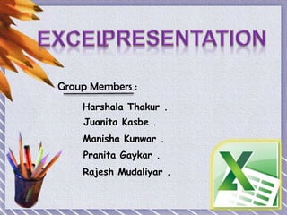 Group Members :
Harshala Thakur .
Juanita Kasbe .
Manisha Kunwar .
Pranita Gaykar .
Rajesh Mudaliyar .
 
