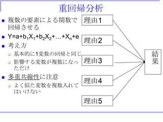 重回帰分析
 複数の要素による関数で
回帰させる
 Y=a+b1X1+b2X2+…+Xn+e
 考え方
 基本的に1変数の回帰と同じ
 影響する変数が複数になっ
ただけ
 多重共線性に注意
 よく似た変数を複数入れて
はいけない
理由1
理由2
理由3
理由4
理由5
結
果
 