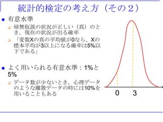 統計的検定の考え方（その２）
 有意水準
 帰無仮説の状況が正しい（真）のと
き，現在の状況が出る確率
 「変数Xの真の平均値が0なら、Xの
標本平均が3以上になる確率は5%以
下である」
 よく用いられる有意水準：1%と
5%
 データ数が少ないとき，心理データ
のような離散データの時には10%を
用いることもある 30
 