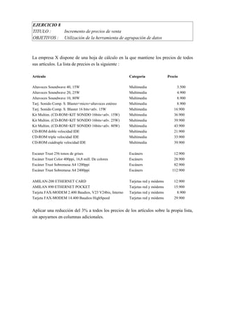EJERCICIO 8
TITULO : Incremento de precios de venta
OBJETIVOS : Utilización de la herramienta de agrupación de datos
La empresa X dispone de una hoja de cálculo en la que mantiene los precios de todos
sus artículos. La lista de precios es la siguiente :
Artículo Categoría Precio
Altavoces Soundwave 40, 15W Multimedia 3.500
Altavoces Soundwave 20, 25W Multimedia 4.900
Altavoces Soundwave 10, 80W Multimedia 8.900
Tarj. Sonido Comp. S. Blaster+micro+altavoces estéreo Multimedia 8.900
Tarj. Sonido Comp. S. Blaster 16 bits+atlv. 15W Multimedia 16.900
Kit Multim. (CD-ROM+KIT SONIDO 16bits+atlv. 15W) Multimedia 36.900
Kit Multim. (CD-ROM+KIT SONIDO 16bits+atlv. 25W) Multimedia 39.900
Kit Multim. (CD-ROM+KIT SONIDO 16bits+atlv. 80W) Multimedia 43.900
CD-ROM doble velocidad IDE Multimedia 21.900
CD-ROM triple velocidad IDE Multimedia 33.900
CD-ROM cuádruple velocidad IDE Multimedia 39.900
Escaner Trust 256 tonos de grises Escáners 12.900
Escáner Trust Color 400ppi, 16,8 mill. De colores Escáners 28.900
Escáner Trust Sobremesa A4 1200ppi Escáners 82.900
Escáner Trust Sobremesa A4 2400ppi Escáners 112.900
AMILAN-200 ETHERNET CARD Tarjetas red y módems 12.900
AMILAN 890 ETHERNET POCKET Tarjetas red y módems 15.900
Tarjeta FAX-MODEM 2.400 Baudios, V23 V24bis, Interno Tarjetas red y módems 8.900
Tarjeta FAX-MODEM 14.400 Baudios HighSpeed Tarjetas red y módems 29.900
Aplicar una reducción del 3% a todos los precios de los artículos sobre la propia lista,
sin apoyarnos en columnas adicionales.
 