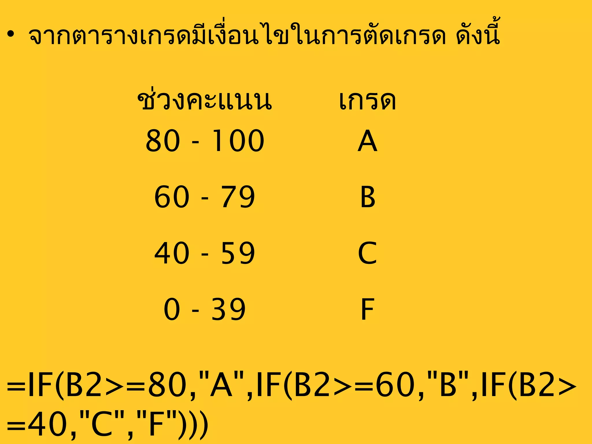 • จากตารางเกรดมีเงื่อนไขในการตัดเกรด ดังนี้
ช่วงคะแนน เกรด
80 - 100 A
60 - 79 B
40 - 59 C
0 - 39 F
=IF(B2>=80,"A",IF(B2>=60,"B",IF(B2>
=40,"C","F")))
 