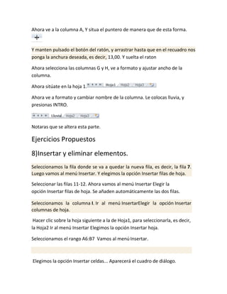 Ahora ve a la columna A, Y situa el puntero de manera que de esta forma.

Y manten pulsado el botón del ratón, y arrastrar hasta que en el recuadro nos
ponga la anchura deseada, es decir, 13,00. Y suelta el raton
Ahora selecciona las columnas G y H, ve a formato y ajustar ancho de la
columna.
Ahora sitúate en la hoja 1.
Ahora ve a formato y cambiar nombre de la columna. Le colocas lluvia, y
presionas INTRO.

Notaras que se altera esta parte.

Ejercicios Propuestos
8)Insertar y eliminar elementos.
Seleccionamos la fila donde se va a quedar la nueva fila, es decir, la fila 7.
Luego vamos al menú Insertar. Y elegimos la opción Insertar filas de hoja.
Seleccionar las filas 11-12. Ahora vamos al menú Insertar Elegir la
opción Insertar filas de hoja. Se añaden automáticamente las dos filas.
Seleccionamos la columna I. Ir al menú InsertarElegir la opción Insertar
columnas de hoja.
Hacer clic sobre la hoja siguiente a la de Hoja1, para seleccionarla, es decir,
la Hoja2 Ir al menú Insertar Elegimos la opción Insertar hoja.
Seleccionamos el rango A6:B7 Vamos al menú Insertar.

Elegimos la opción Insertar celdas... Aparecerá el cuadro de diálogo.

 