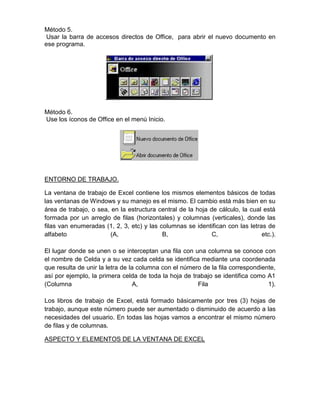 Método 5.
Usar la barra de accesos directos de Office, para abrir el nuevo documento en
ese programa.

Método 6.
Use los íconos de Office en el menú Inicio.

ENTORNO DE TRABAJO.
La ventana de trabajo de Excel contiene los mismos elementos básicos de todas
las ventanas de Windows y su manejo es el mismo. El cambio está más bien en su
área de trabajo, o sea, en la estructura central de la hoja de cálculo, la cual está
formada por un arreglo de filas (horizontales) y columnas (verticales), donde las
filas van enumeradas (1, 2, 3, etc) y las columnas se identifican con las letras de
alfabeto
(A,
B,
C,
etc.).
El lugar donde se unen o se interceptan una fila con una columna se conoce con
el nombre de Celda y a su vez cada celda se identifica mediante una coordenada
que resulta de unir la letra de la columna con el número de la fila correspondiente,
así por ejemplo, la primera celda de toda la hoja de trabajo se identifica como A1
(Columna
A,
Fila
1).
Los libros de trabajo de Excel, está formado básicamente por tres (3) hojas de
trabajo, aunque este número puede ser aumentado o disminuido de acuerdo a las
necesidades del usuario. En todas las hojas vamos a encontrar el mismo número
de filas y de columnas.
ASPECTO Y ELEMENTOS DE LA VENTANA DE EXCEL

 