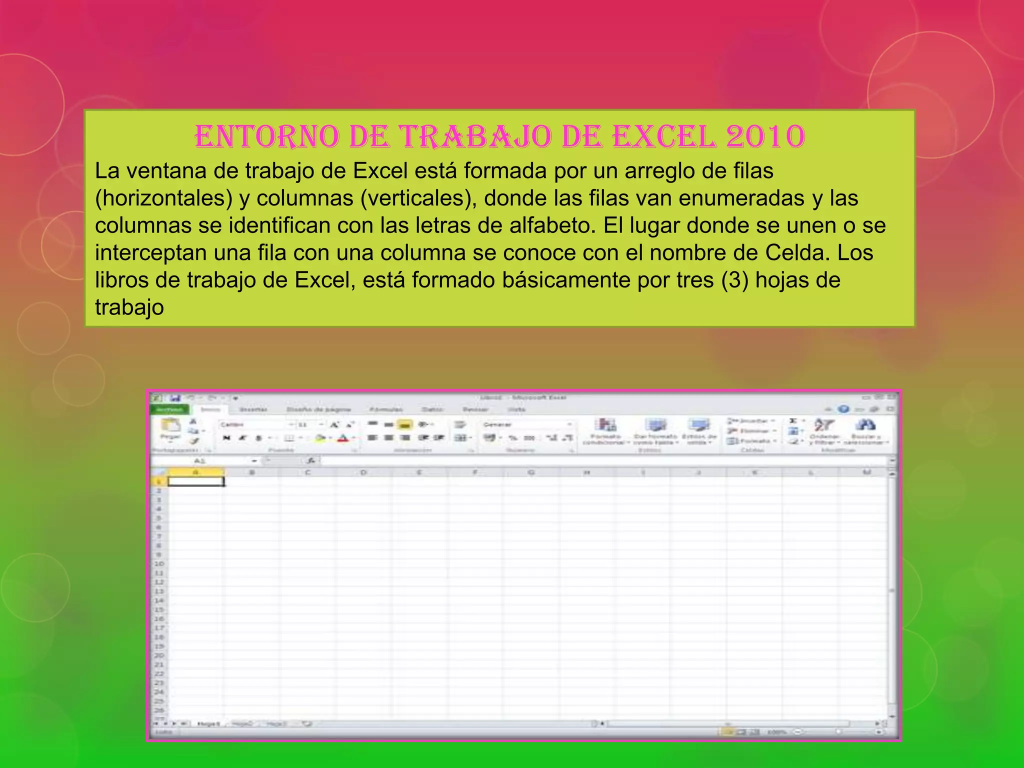 ENTORNO DE TRABAJO DE EXCEL 2010
La ventana de trabajo de Excel está formada por un arreglo de filas
(horizontales) y columnas (verticales), donde las filas van enumeradas y las
columnas se identifican con las letras de alfabeto. El lugar donde se unen o se
interceptan una fila con una columna se conoce con el nombre de Celda. Los
libros de trabajo de Excel, está formado básicamente por tres (3) hojas de
trabajo

 