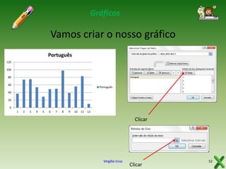 Gráficos

Vamos criar o nosso gráfico
Português
120

100
80
60

Português

40
20
0

1

2

3

4

5

6

7

8

9

10

11

12

Clicar

Virgílio Cruz

Clicar

52

 