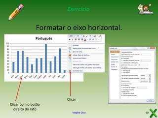 Exercício

Formatar o eixo horizontal.
Português
100
90
80
70
60
50
40
30
20
10
0

Português

Clicar
Clicar com o botão
direito do rato
Virgílio Cruz

60

 