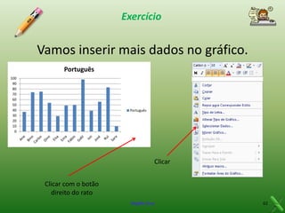 Exercício

Vamos inserir mais dados no gráfico.
Português
100
90
80
70
60
50
40
30
20
10
0

Português

Clicar
Clicar com o botão
direito do rato
Virgílio Cruz

62

 
