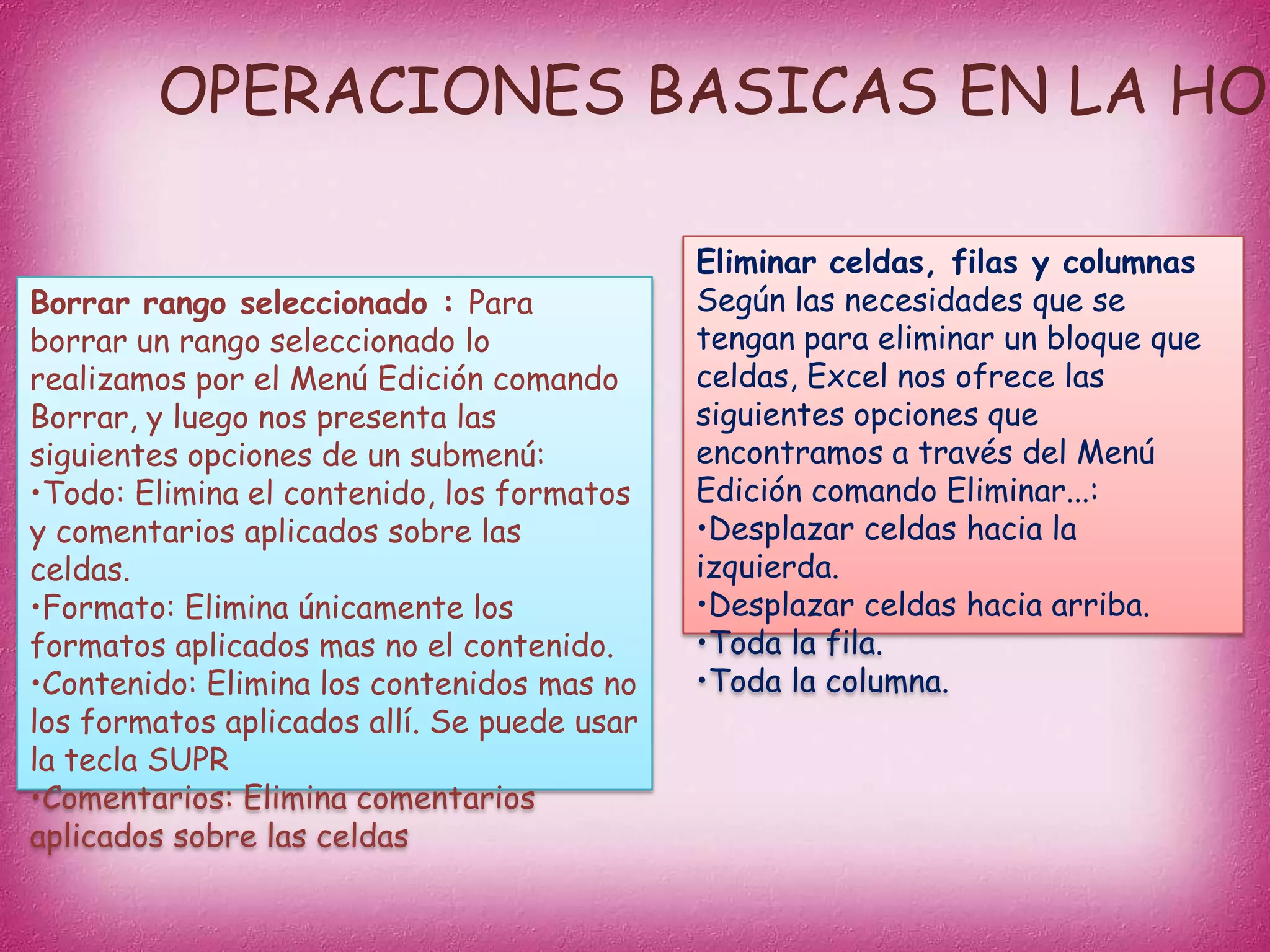OPERACIONES BASICAS EN LA HOJ
Borrar rango seleccionado : Para
borrar un rango seleccionado lo
realizamos por el Menú Edición comando
Borrar, y luego nos presenta las
siguientes opciones de un submenú:
•Todo: Elimina el contenido, los formatos
y comentarios aplicados sobre las
celdas.
•Formato: Elimina únicamente los
formatos aplicados mas no el contenido.
•Contenido: Elimina los contenidos mas no
los formatos aplicados allí. Se puede usar
la tecla SUPR
•Comentarios: Elimina comentarios
aplicados sobre las celdas

Eliminar celdas, filas y columnas
Según las necesidades que se
tengan para eliminar un bloque que
celdas, Excel nos ofrece las
siguientes opciones que
encontramos a través del Menú
Edición comando Eliminar...:
•Desplazar celdas hacia la
izquierda.
•Desplazar celdas hacia arriba.
•Toda la fila.
•Toda la columna.

 