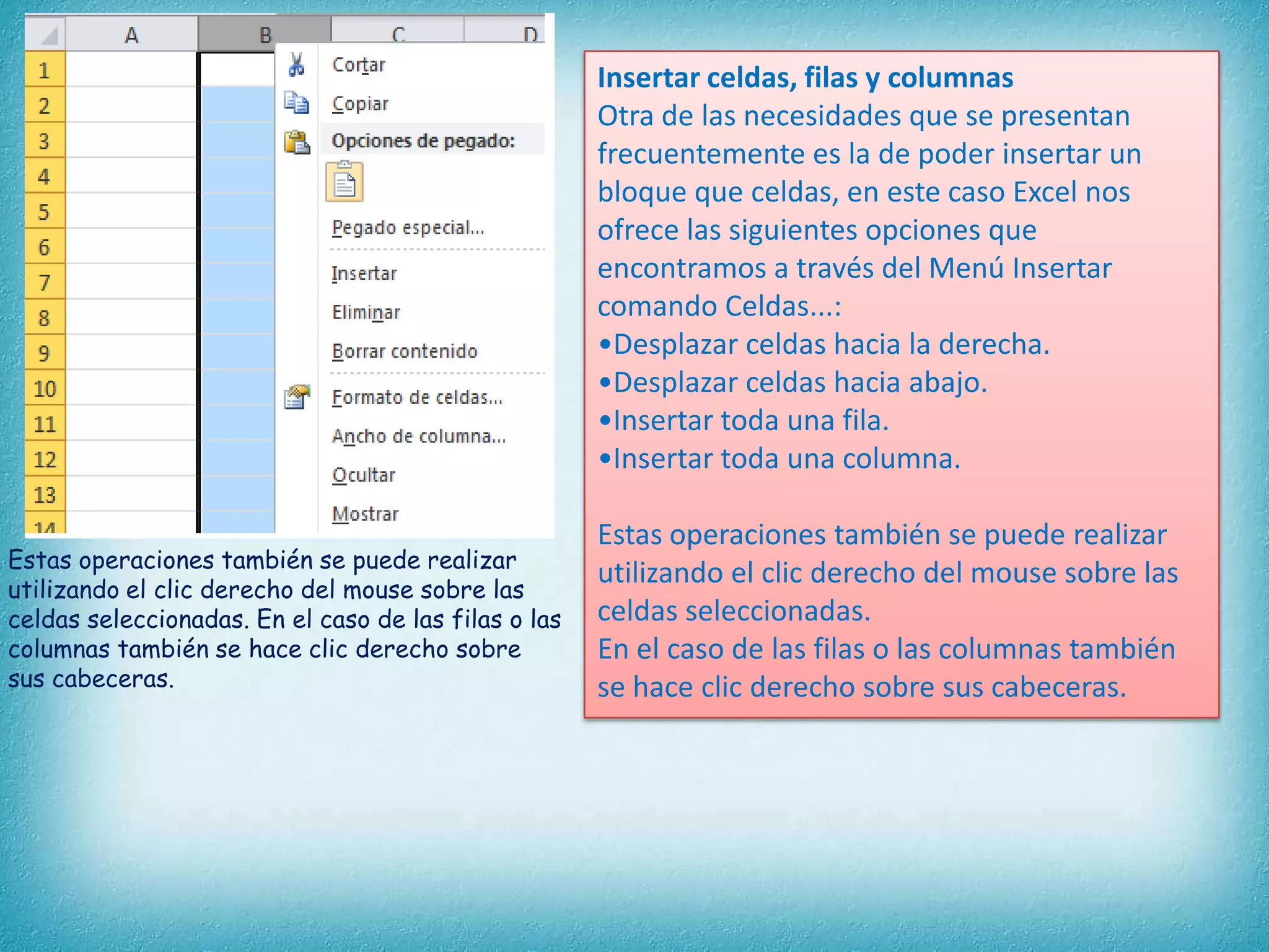 Insertar celdas, filas y columnas
Otra de las necesidades que se presentan
frecuentemente es la de poder insertar un
bloque que celdas, en este caso Excel nos
ofrece las siguientes opciones que
encontramos a través del Menú Insertar
comando Celdas...:
•Desplazar celdas hacia la derecha.
•Desplazar celdas hacia abajo.
•Insertar toda una fila.
•Insertar toda una columna.
Estas operaciones también se puede realizar
utilizando el clic derecho del mouse sobre las
celdas seleccionadas. En el caso de las filas o las
columnas también se hace clic derecho sobre
sus cabeceras.

Estas operaciones también se puede realizar
utilizando el clic derecho del mouse sobre las
celdas seleccionadas.
En el caso de las filas o las columnas también
se hace clic derecho sobre sus cabeceras.

 