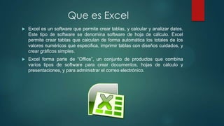 Que es Excel


Excel es un software que permite crear tablas, y calcular y analizar datos.
Este tipo de software se denomina software de hoja de cálculo. Excel
permite crear tablas que calculan de forma automática los totales de los
valores numéricos que especifica, imprimir tablas con diseños cuidados, y
crear gráficos simples.



Excel forma parte de “Office”, un conjunto de productos que combina
varios tipos de software para crear documentos, hojas de cálculo y
presentaciones, y para administrar el correo electrónico.

 