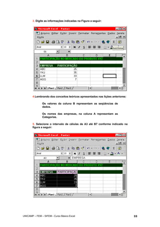 3. Digite as informações indicadas na Figura a seguir:
4.Lembrando dos conceitos teóricos apresentados nas lições anteriores:
Os valores da coluna B representam as seqüências de
dados.
Os nomes das empresas, na coluna A representam as
Categorias.
5. Selecione o intervalo de células de A3 até B7 conforme indicado na
figura a seguir:
UNICAMP – FEM – SIFEM - Curso Básico Excel 33
 
