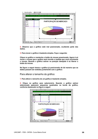 2. Observe que o gráfico está mal posicionado, ocultando parte dos
dados.
3. Para mover o gráfico é bastante simples. Faça o seguinte:
Clique no gráfico e mantenha o botão do mouse pressionado. Agora é só
mover o mouse que o gráfico será movido a medida que você movimenta
o mouse. Quando o gráfico estiver na posição desejada é só liberar o
botão do mouse.
Na figura a seguir temos o gráfico já posicionado de tal maneira que os
dados possam ser exibidos juntamente com o gráfico:
Para alterar o tamanho do gráfico:
1. Para alterar o tamanho de um gráfico é bastante simples.
2. Clique no gráfico para selecioná-lo. Quando o gráfico estiver
selecionado aparecem pequenos quadrados na borda do gráfico,
conforme destacado na figura a seguir:
UNICAMP – FEM – SIFEM - Curso Básico Excel 38
 