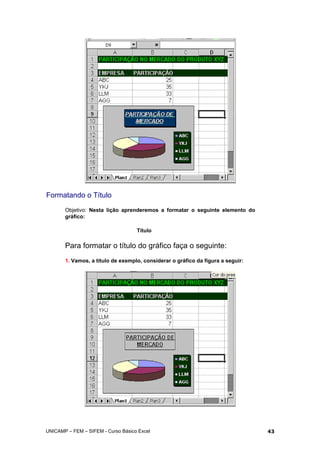 Formatando o Título
Objetivo: Nesta lição aprenderemos a formatar o seguinte elemento do
gráfico:
Título
Para formatar o título do gráfico faça o seguinte:
1. Vamos, a título de exemplo, considerar o gráfico da figura a seguir:
UNICAMP – FEM – SIFEM - Curso Básico Excel 43
 