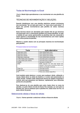 Teclas de Movimentação no Excel
Objetivo:Nesta lição aprenderemos a nos movimentar em uma planilha do
Excel.
TÉCNICAS DE MOVIMENTAÇÃO E SELEÇÃO.
Quando trabalhamos com uma planilha eletrônica sempre precisamos
nos movimentar "de um lado para outro" ou "para cima e para baixo". O
Excel nos permite movimentar-se pela planilha de várias maneiras
diferentes.
Estas técnicas devem ser abordadas pelo simples fato de que devemos
nos preocupar com o crescimento gradativo de nossas planilhas, ou seja,
a medida em que vamos aprimorando as planilhas elas vão crescendo e
assim aparece a necessidade de nos movimentarmos com maior rapidez
entre vários pontos da planilha.
Observe o quadro abaixo com as principais maneiras de movimentação
pela planilha.
Principais teclas de movimentação:
Você também pode deslocar o cursor para qualquer célula, utilizando o
mouse. Basta clicar na célula de destino e o cursor será posicionado na
célula clicada. Também estão disponíveis barras de rolagem horizontal e
vertical, para que possamos nos deslocar, rapidamente, para diferentes
pontos de uma planilha.
Para deslocar-se de uma planilha para outra, basta clicar no nome da
planilha, na parte inferior da tela do Excel. Por exemplo, se você está na
planilha Jan, para se deslocar para a planilha Fev, basta clicar em Fev, na
parte inferior da janela.
Selecionando células e faixas de células
Objetivo: Vamos aprender a selecionar células e faixas de células
UNICAMP – FEM – SIFEM - Curso Básico Excel 7
 