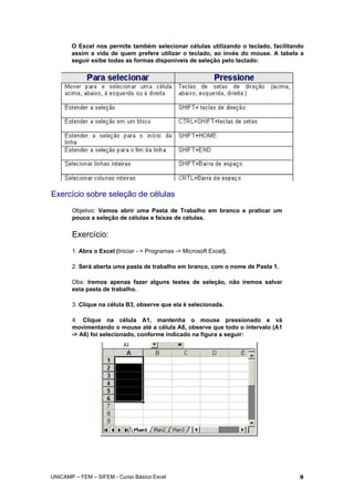 O Excel nos permite também selecionar células utilizando o teclado, facilitando
assim a vida de quem prefere utilizar o teclado, ao invés do mouse. A tabela a
seguir exibe todas as formas disponíveis de seleção pelo teclado:
Exercício sobre seleção de células
Objetivo: Vamos abrir uma Pasta de Trabalho em branco e praticar um
pouco a seleção de células e faixas de células.
Exercício:
1. Abra o Excel (Iniciar - > Programas -> Microsoft Excel).
2. Será aberta uma pasta de trabalho em branco, com o nome de Pasta 1.
Obs: Iremos apenas fazer alguns testes de seleção, não iremos salvar
esta pasta de trabalho.
3. Clique na célula B3, observe que ela é selecionada.
4. Clique na célula A1, mantenha o mouse pressionado e vá
movimentando o mouse até a célula A6, observe que todo o intervalo (A1
-> A6) foi selecionado, conforme indicado na figura a seguir:
UNICAMP – FEM – SIFEM - Curso Básico Excel 9
 