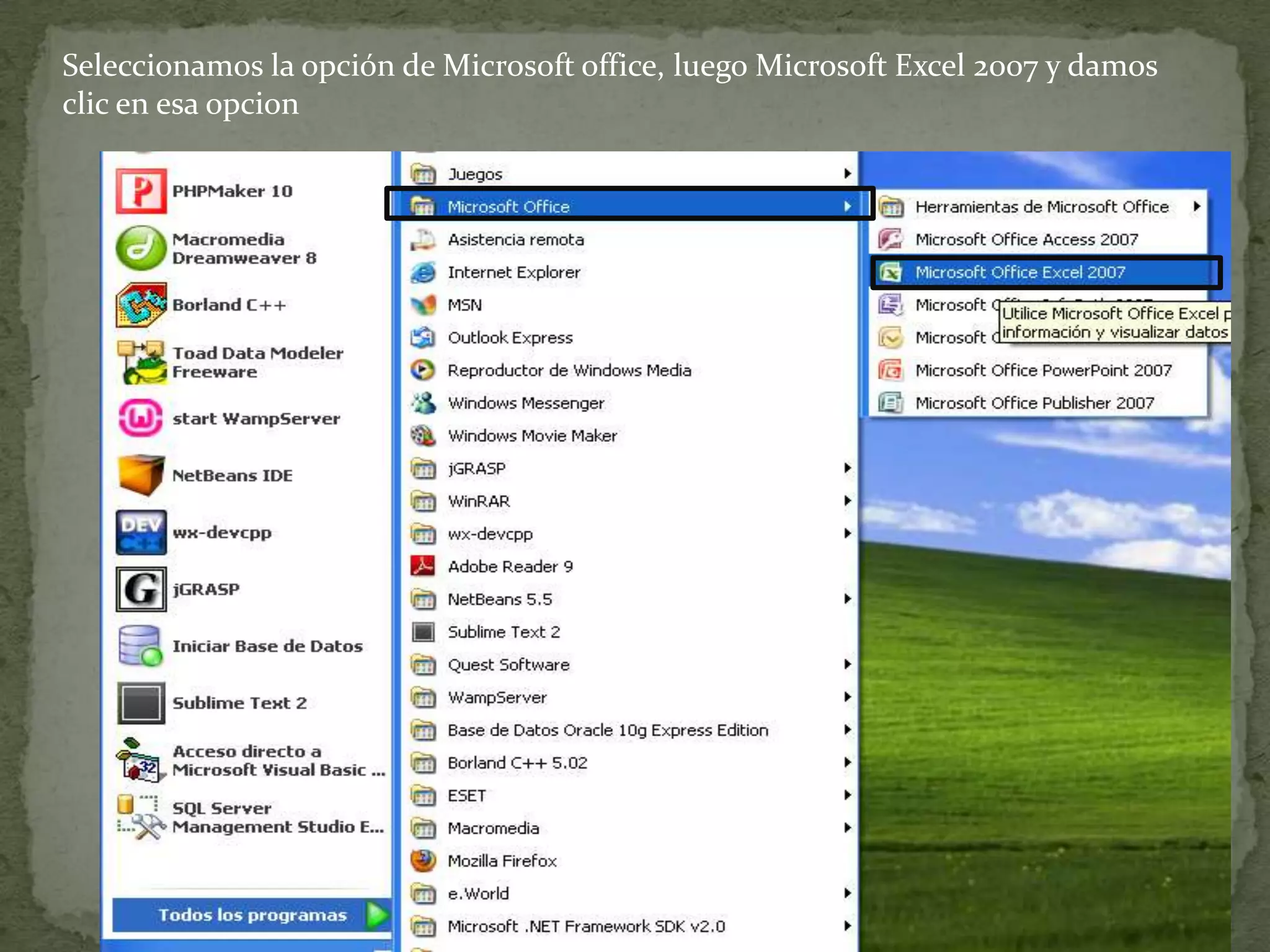 Seleccionamos la opción de Microsoft office, luego Microsoft Excel 2007 y damos
clic en esa opcion
 