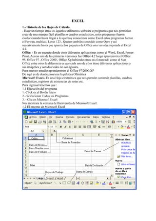 EXCEL
1.- Historia de las Hojas de Cálculo.
- Hace un tiempo atrás los iqueños utilizamos software o programas que nos permitían
crear de una manera fácil planillas o cuadros estadísticos, estos programas fueron
evolucionando hasta llegar a lo que hoy conocemos como Excel estos programas fueron
el Fortran, multical, Lotus 123 , Quatro también conocido como Qpro y así
sucesivamente hasta que aparece los paquetes de Office una versión mejorada el Excel
4.2.
Office. - Es un paquete donde tiene diferentes aplicaciones como el Word, Excel, Power
Paint, Access una de las primeras versiones fue Office 4.2 luego aparecieron el Office
95, Office 97 , Office 2000 , Office Xp habiendo otros en el mercado como el Star
Office entre otros la diferencia es que cada uno de ellos tiene diferentes aplicaciones y
sus imágenes y sonidos todos no son iguales.
Para nuestro estudio aprenderemos el Office 97/2000/XP
De aquí es de donde proviene la palabra Ofimática
Microsoft Excel.- Es una Hoja electrónica que nos permite construir planillas, cuadros
estadísticos, registros de asistencias de notas etc.
Para ingresar tenemos que :
1.1 Ejecución del programa
1.-Click en el Botón Inicio
2.- Seleccionar Todos los Programas
3. - Clic en Microsoft Excel
Nos mostrara la ventana de Bienvenida de Microsoft Excel.
1.2 El entorno de Microsoft Excel
 