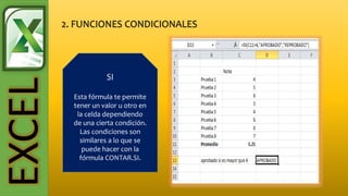 EXCEL
SI
Esta fórmula te permite
tener un valor u otro en
la celda dependiendo
de una cierta condición.
Las condiciones son
similares a lo que se
puede hacer con la
fórmula CONTAR.SI.
 