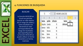 EXCEL BUSCAR
La función BUSCAR en
Excel nos permite
buscar un valor dentro
de un rango de celdas y
como resultado nos
devolverá el valor
correspondiente del
rango de resultados
que especifiquemos.
La función BUSCAR se
puede utilizar en forma
vectorial o en forma
matricial.
 