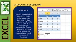 EXCEL BUSCAR H
Similar a BUSCARV pero
utilizando la misma
analogía en sentido
horizontal. Es decir
buscamos un valor en la
primera celda de la
tabla, y luego
obtenemos el valor de
la celda ubicada en la
misma columna que
nuestro índice, con el
número de fila
ingresado
 