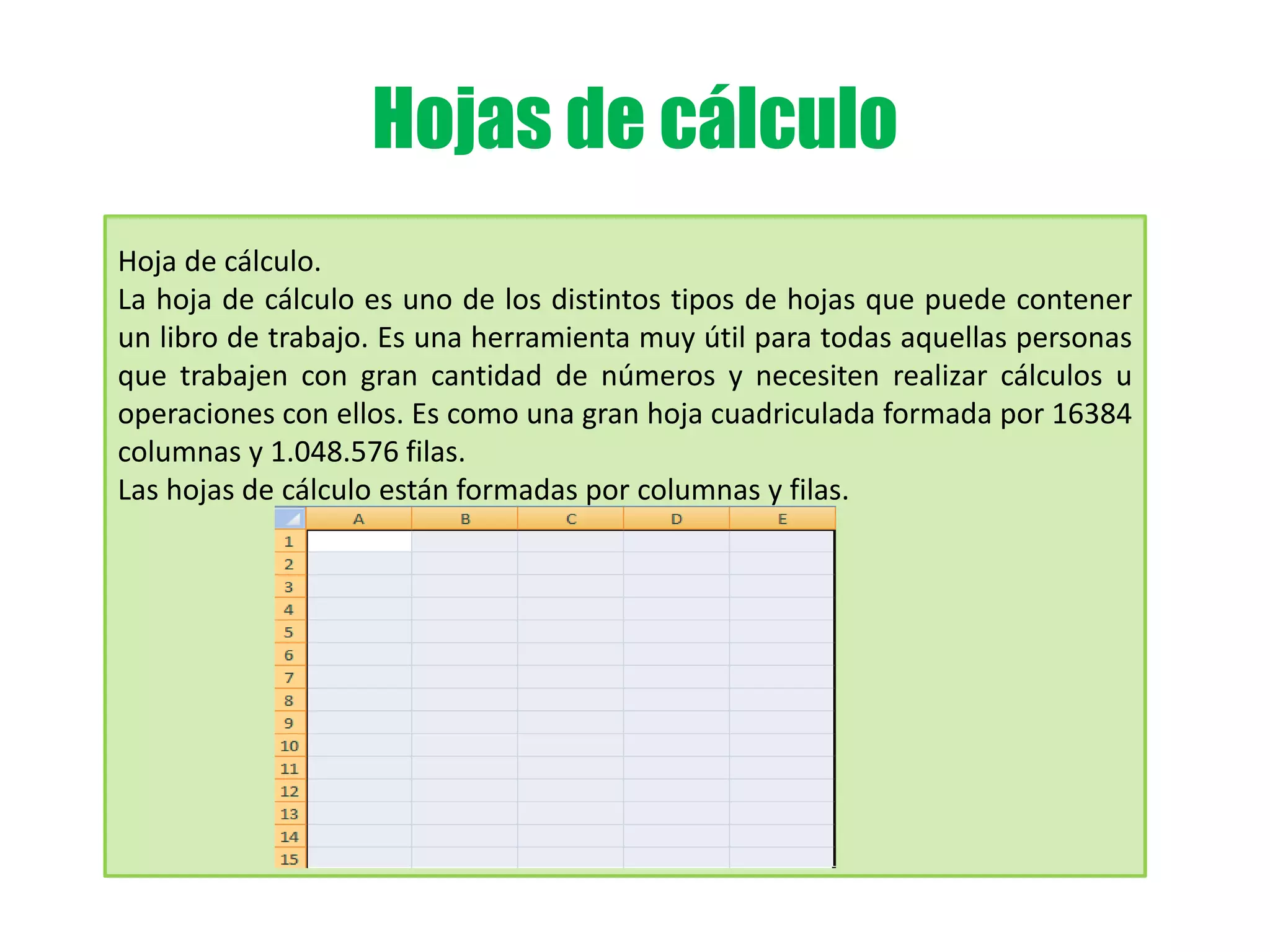 Hojas de cálculo
Hoja de cálculo.
La hoja de cálculo es uno de los distintos tipos de hojas que puede contener
un libro de trabajo. Es una herramienta muy útil para todas aquellas personas
que trabajen con gran cantidad de números y necesiten realizar cálculos u
operaciones con ellos. Es como una gran hoja cuadriculada formada por 16384
columnas y 1.048.576 filas.
Las hojas de cálculo están formadas por columnas y filas.
 