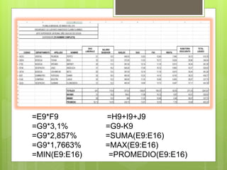 =E9*F9 =H9+I9+J9 
=G9*3,1% =G9-K9 
=G9*2,857% =SUMA(E9:E16) 
=G9*1,7663% =MAX(E9:E16) 
=MIN(E9:E16) =PROMEDIO(E9:E16) 
 