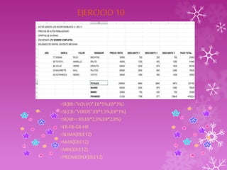 EJERCICIO 10 
=SI(B8="VOLVO";E8*5%;E8*3%) 
=SI(C8="VERDE";E8*1,5%;E8*1%) 
=SI(A8>= 85;E8*2,5%;E8*2,8%) 
=E8-F8-G8-H8 
=SUMA(E8:E12) 
=MAX(E8:E12) 
=MIN(E8:E12) 
=PROMEDIO(E8:E12) 
 