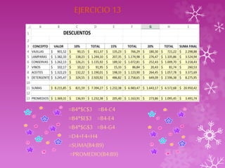 EJERCICIO 13 
=B4*$C$3 =B4-C4 
=B4*$E$3 =B4-E4 
=B4*$G$3 =B4-G4 
=D4+F4+H4 
=SUMA(B4:B9) 
=PROMEDIO(B4:B9) 
 