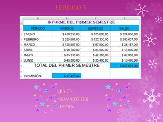 EJERCICIO 5 
=B3-C3 
=SUMA(D3:D8) 
=D9*6% 
 