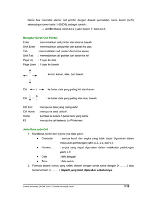 Name box mencatat alamat cell pointer dengan diawali pencatatan nama kolom (A-IV) 
selanjutnya nomor baris (1-65536), sebagai contoh : 
→ cell B5 dibaca kolom ke-2 ( yakni kolom B) baris ke-5. 
Mengatur Gerak Cell Pointer 
Enter : memindahkan cell pointer dari atas ke bawah 
Shift Enter : memindahkan cell pointer dari bawah ke atas 
Tab : memindahkan cell pointer dari kiri ke kanan 
Shift Tab : memindahkan cell pointer dari kanan ke kiri 
Page Up : 1 layar ke atas 
Page down : 1 layar ke bawah 
: ke kiri, kanan, atas, dan bawah 
Ctrl / : ke batas data yang paling kiri atau kanan 
Ctrl / : ke batas data yang paling atas atau bawah 
Ctrl End : menuju ke data yang paling akhir 
Ctrl Home : menuju ke awal cell (A1) 
Home : kembali ke kolom A pada baris yang sama 
F5 : menuju ke cell tertentu do Worksheet 
Jenis Data pada Cell 
1. Konstanta, terdiri dari 4 jenis type data yakni : 
• Character : semua huruf dan angka yang tidak dapat digunakan dalam 
melakukan perhitungan yakni A-Z, a-z, dan 0-9 
• Numeric : angka yang dapat digunakan dalam melakukan perhitungan 
yakni 0-9 
• Date : data tanggal 
• Time : data waktu 
2. Formula seperti rumus yang selalu diawali dengan tanda sama dengan (=………) atau 
tanda tambah (+………). Seperti yang telah dijelaskan sebelumnya. 
Sistem Informasi UKDW 2005 - Tutorial Microsoft Excel 2/16 
 