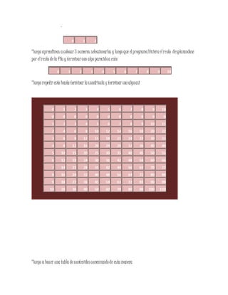 *luego aprendimos a colocar3 numeros seleccionarlos y luego que elprogramahicieraelresto desplazandose
por elresto dela fila y terminarcon algoparecidoa esto
*luego repetir esto hasta terminarla cuadricula y terminar con algoasi
*luego a hacer una tabla decontenidoscomenzandode esta manera