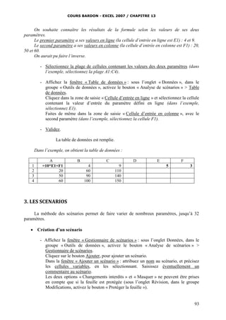 COURS BARDON - EXCEL 2007 / CHAPITRE 13
93
On souhaite connaître les résultats de la formule selon les valeurs de ses deux
paramètres.
Le premier paramètre a ses valeurs en ligne (la cellule d’entrée en ligne est E1) : 4 et 9.
Le second paramètre a ses valeurs en colonne (la cellule d’entrée en colonne est F1) : 20,
50 et 60.
On aurait pu faire l’inverse.
- Sélectionnez la plage de cellules contenant les valeurs des deux paramètres (dans
l’exemple, sélectionnez la plage A1:C4).
- Affichez la fenêtre « Table de données » : sous l’onglet « Données », dans le
groupe « Outils de données », activez le bouton « Analyse de scénarios » > Table
de données.
Cliquez dans la zone de saisie « Cellule d’entrée en ligne » et sélectionnez la cellule
contenant la valeur d’entrée du paramètre défini en ligne (dans l’exemple,
sélectionnez E1).
Faites de même dans la zone de saisie « Cellule d’entrée en colonne », avec le
second paramètre (dans l’exemple, sélectionnez la cellule F1).
- Validez.
La table de données est remplie.
Dans l’exemple, on obtient la table de données :
A B C D E F
1 =10*E1+F1 4 9 5 3
2 20 60 110
3 50 90 140
4 60 100 150
3. LES SCENARIOS
La méthode des scénarios permet de faire varier de nombreux paramètres, jusqu’à 32
paramètres.
 Création d’un scénario
- Affichez la fenêtre « Gestionnaire de scénarios » : sous l’onglet Données, dans le
groupe « Outils de données », activez le bouton « Analyse de scénarios » >
Gestionnaire de scénarios.
Cliquez sur le bouton Ajouter, pour ajouter un scénario.
Dans la fenêtre « Ajouter un scénario » : attribuez un nom au scénario, et précisez
les cellules variables, en les sélectionnant. Saisissez éventuellement un
commentaire au scénario.
Les deux options « Changements interdits » et « Masquer » ne peuvent être prises
en compte que si la feuille est protégée (sous l’onglet Révision, dans le groupe
Modifications, activez le bouton « Protéger la feuille »).
 