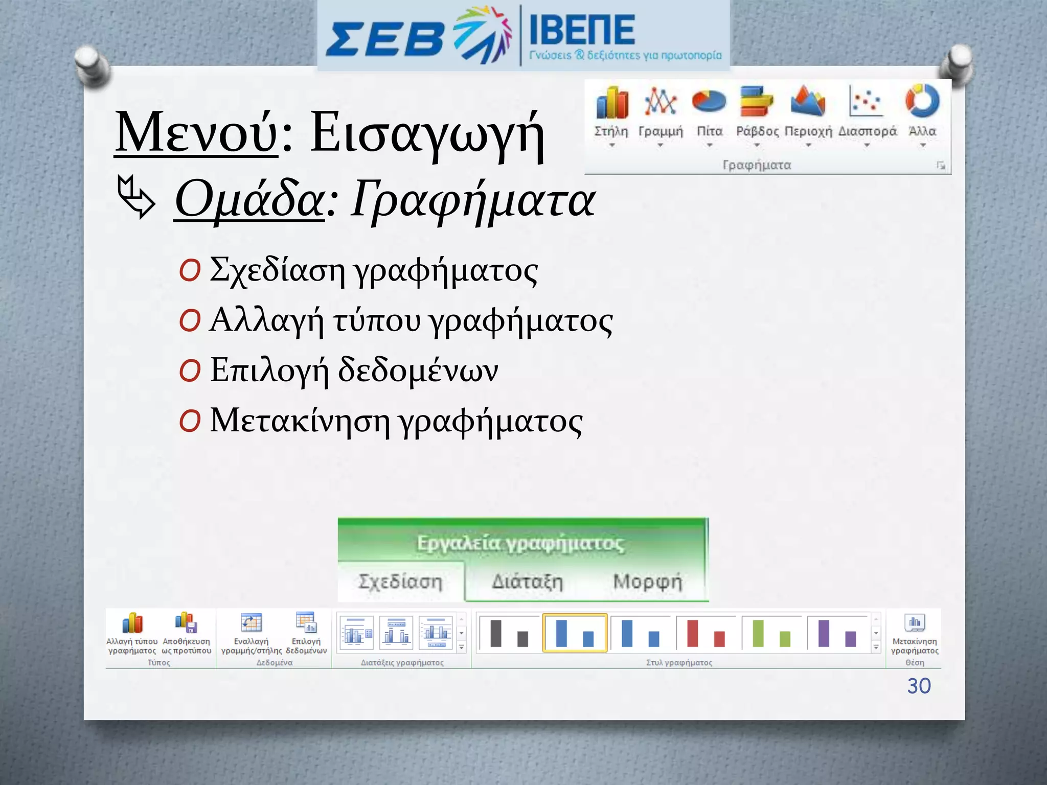 Μενού: Εισαγωγή
 Ομάδα: Γραφήματα
O Σχεδίαση γραφήματος
O Αλλαγή τύπου γραφήματος
O Επιλογή δεδομένων
O Μετακίνηση γραφήματος
30
 