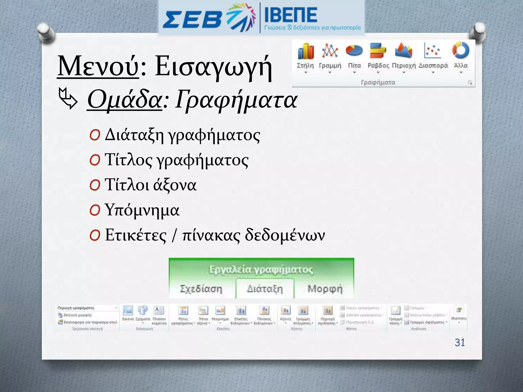 Μενού: Εισαγωγή
 Ομάδα: Γραφήματα
O Διάταξη γραφήματος
O Τίτλος γραφήματος
O Τίτλοι άξονα
O Υπόμνημα
O Ετικέτες / πίνακας δεδομένων
31
 